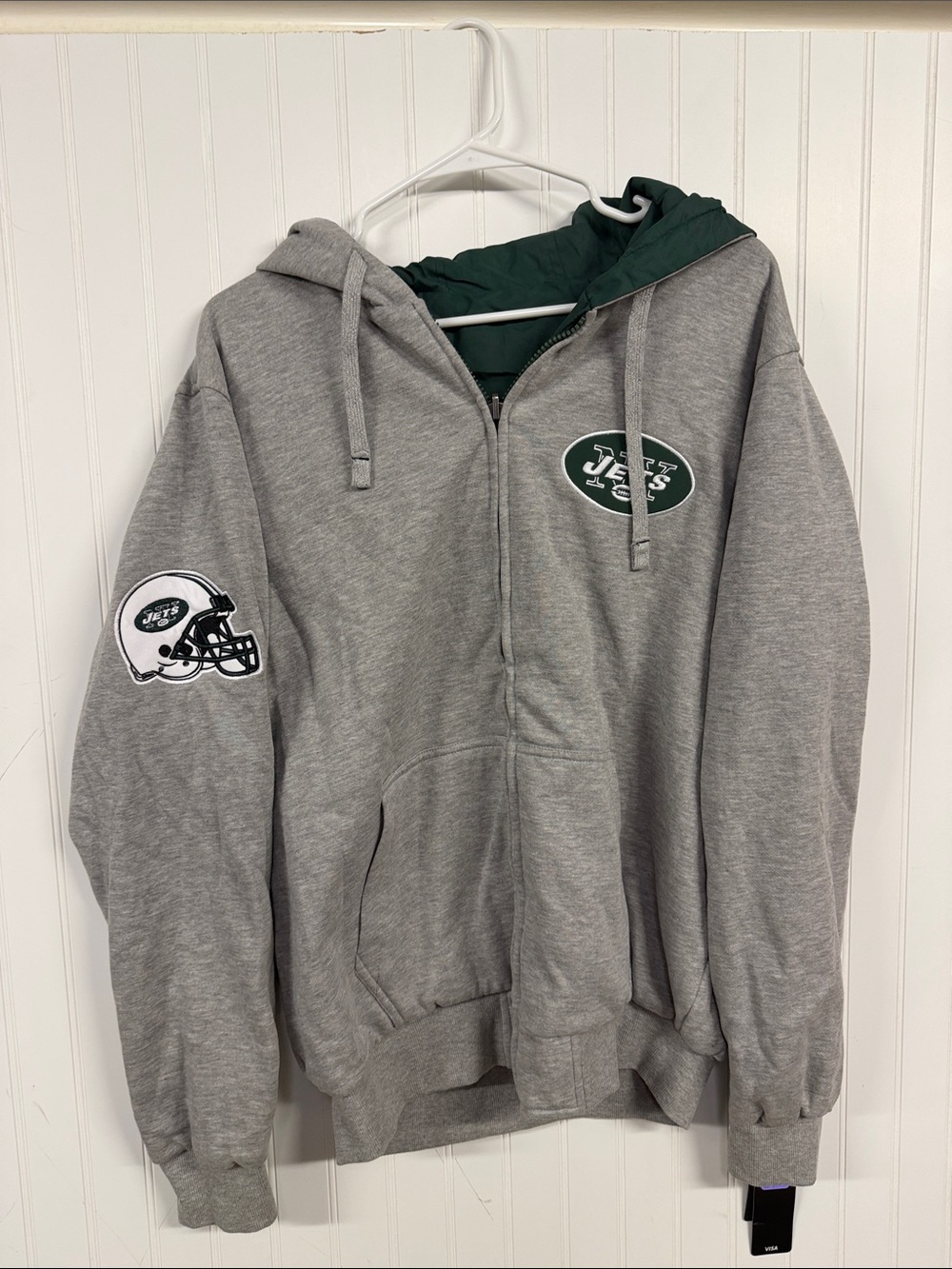 NFL Gray Zip Front Hoodie with Green Jets Logo